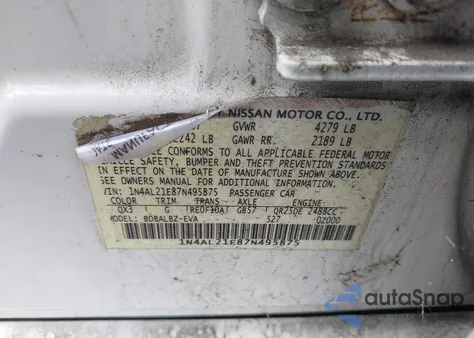 2007 Nissan Altima 2.5/2.5S z USA, uszkodzony, nr VIN 1N4AL21E87N495875